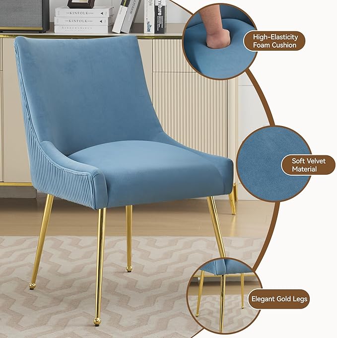Velvet Dining Chairs Set of 6 Gold LegsUpholstered Velvet Accent Chairs Pleated Back Design &amp Gold Pull Handle Mid Century Modern Chairs for Dining/Kitchen/Living RoomLight Blue