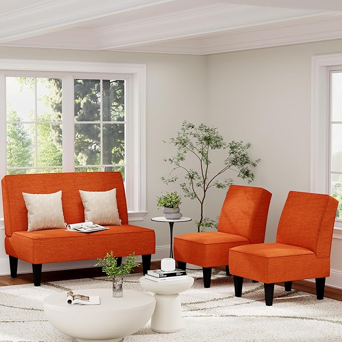 ALISH Upholstered Living Room Chairs Set of 2 Armless Side Accent Bedroom Chairs with Curved Backrest and Wooden Legs Orange Orange