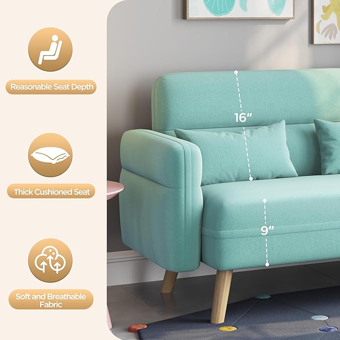 Yaheetech 46 Small Modern Fabric Sofa Loveseat Mid Century 2 Seater Sofa Couch with Lumbar Pillows Solid Wood Legs for Living Room Small Space Dorm Office Bedroom Aquamarine