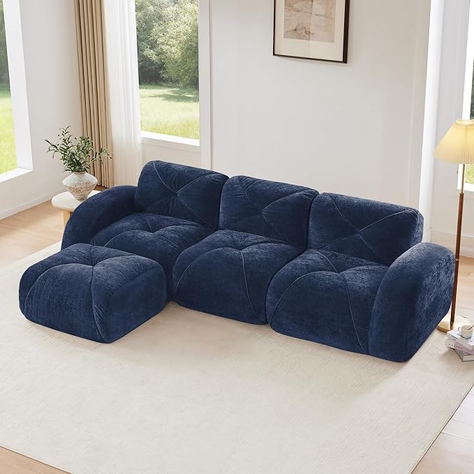 110-Inch Cloud Sectional Couches L-Shaped 4 Seat Boneless Modular Sofa with Ottoman Velvet Tufted Upholstered Boneless Couch Floor Full Foam Sofas for Living Room