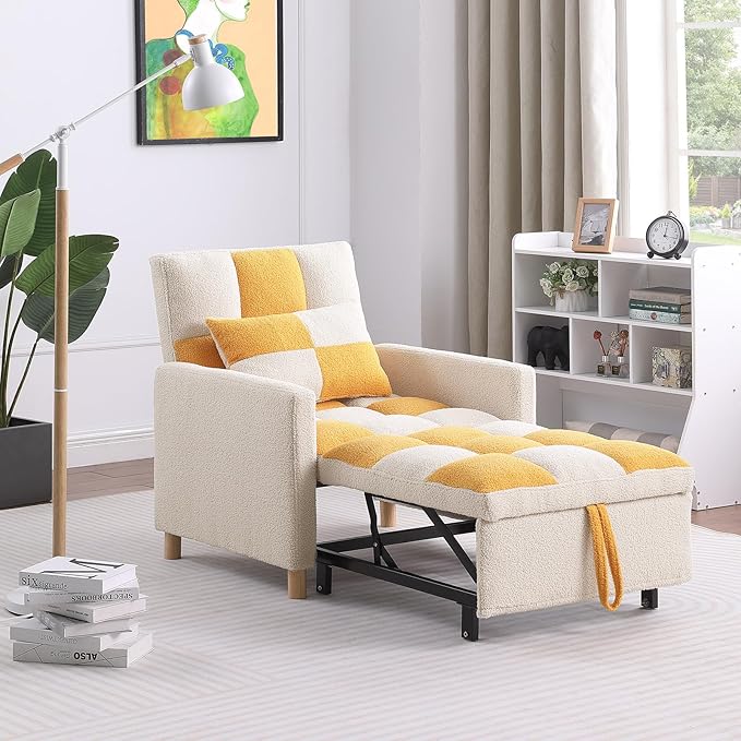 Sleeper Chair Bed Multi-functional Convertible Chair Sleeper Teddy Fabric Adjustable Single Pull Out Sofa Bed with Lumbar for StudioDorm Apartment BedroomOfficeLiving Room (Beige&ampYellow)