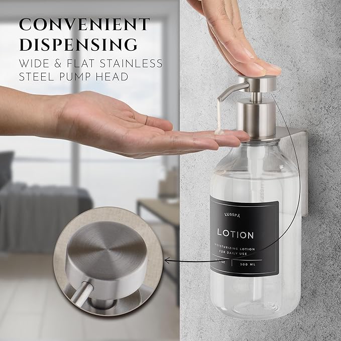 Shower Shampoo Dispenser Wall Mounted – 3 Refillable 16.9 oz Clear Bottles with Stainless Steel Pumps &amp No-Drill Adhesive Holders – Soap Dispenser Set for Bathroom (3 X Clear/Silver)