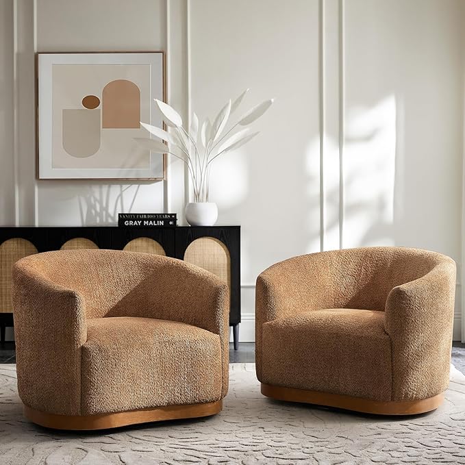 HULALA HOME Chenille Swivel Accent Chairs Set of 2 Fully Assembled Comfy Upholstery Barrel Armchair with Sturdy Solid Wood Base Caramel