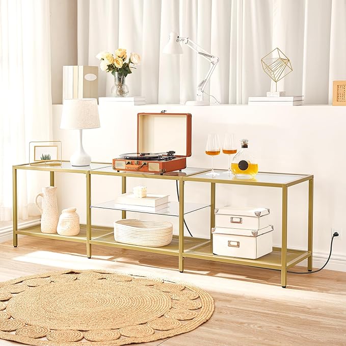 HOOBRO TV Stand with LED Lights and Power Outlets for TVs up to 75 Modern 70.9 Inch Tempered Glass TV Console Table with Open Shelves Media Entertainment Center for Living Room Gold GD185UDS01