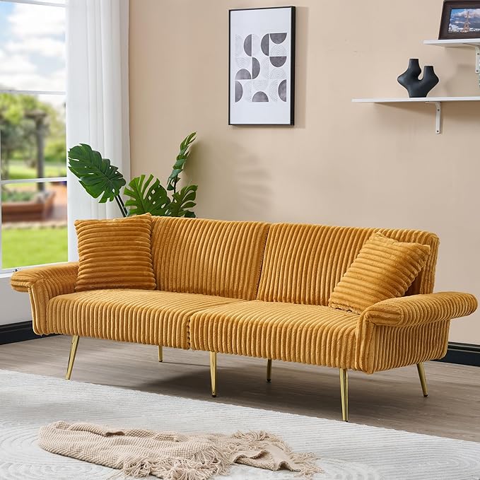 79 Corduroy Futon Sofa Bed Small Couch Loveseat Convertible Futon Sleeper Sofa with Folding Armrests and 2 Pillows Modern Couch for Living Room Bedroom Yellow