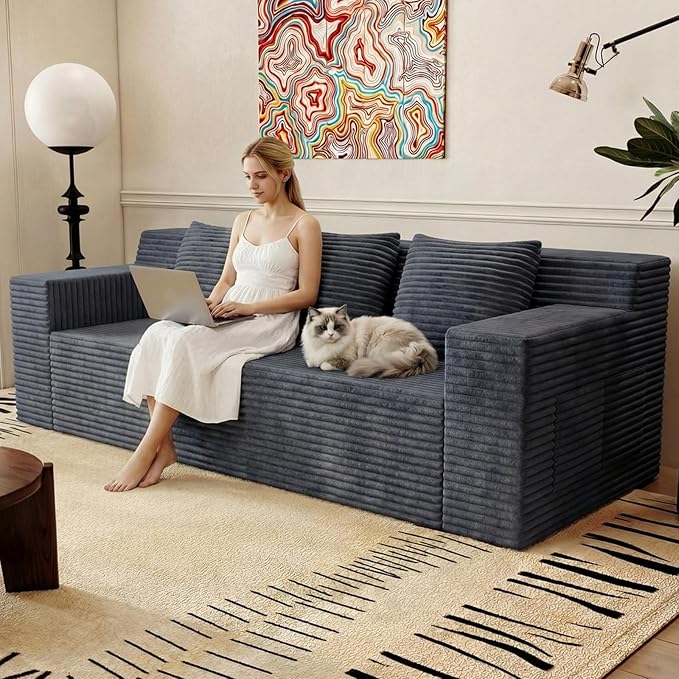 71 Love Seat Couches Corduroy Boneless Loveseat with Deep Seats 2 Seat Couch Apartment Size Couch with 3 Pillows&ampSide Pockets for Bedroom Office No Assembly Required Dark Gray