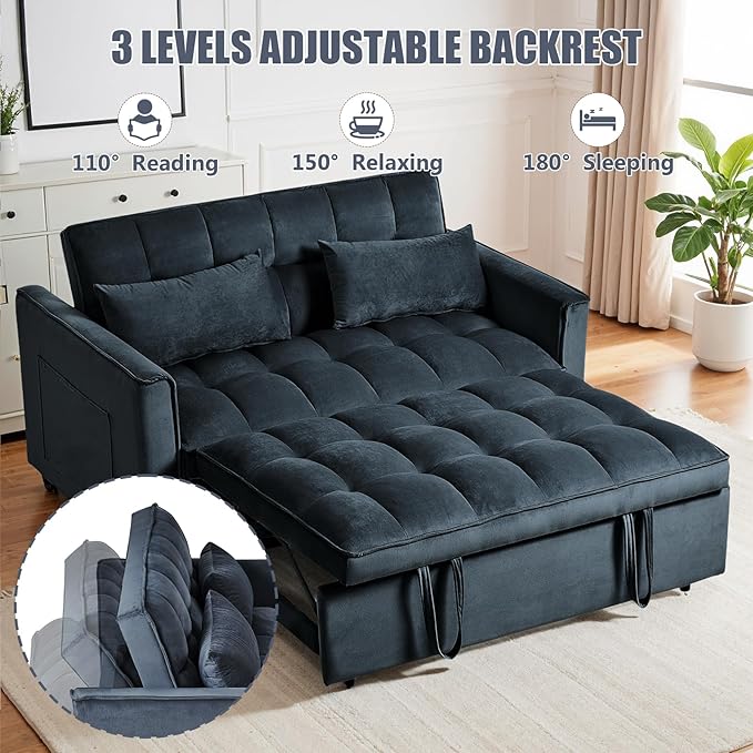 3 in 1 Sleeper Sofa Bed Pull Out Couch Convertible Futon Loveseat with krest Dinotefuran Living Room Chaise Lounr Home Apartment Office Black