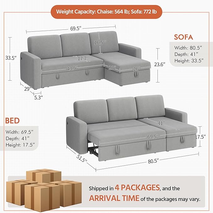 Yaheetech Sectional Sofa L-Shaped Sofa Couch Bed w/Chaise &amp USB Reversible Couch Sleeper w/Pull Out Bed &amp Storage Space Living Room Light Gray