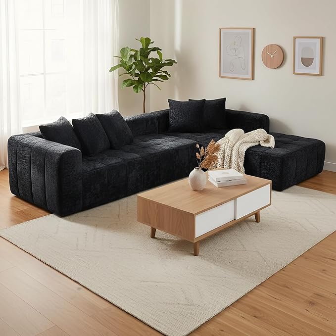 Boneless Sectional Couch L Shaped-108 Inch Black Sherpa Cloud Sectional Sofa for Living Room Modern Couch with Chaise-Deep Seat Floor Couch in a Box-No Assembly | No Assembly Needed 28.7 Deep Seat