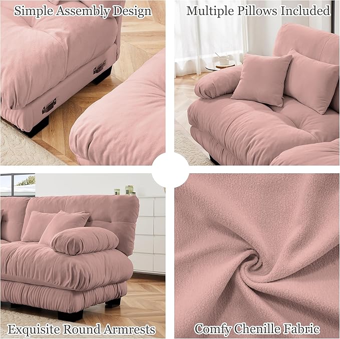 Luxury Modular Sectional Sofa 133.8 Oversized U Shaped Sofa with 5 Pillows Deep Seat Soft Cloud CouchChenille Comfy Couches for Living Room (Pink 3 Seat + 2 Ottoman)