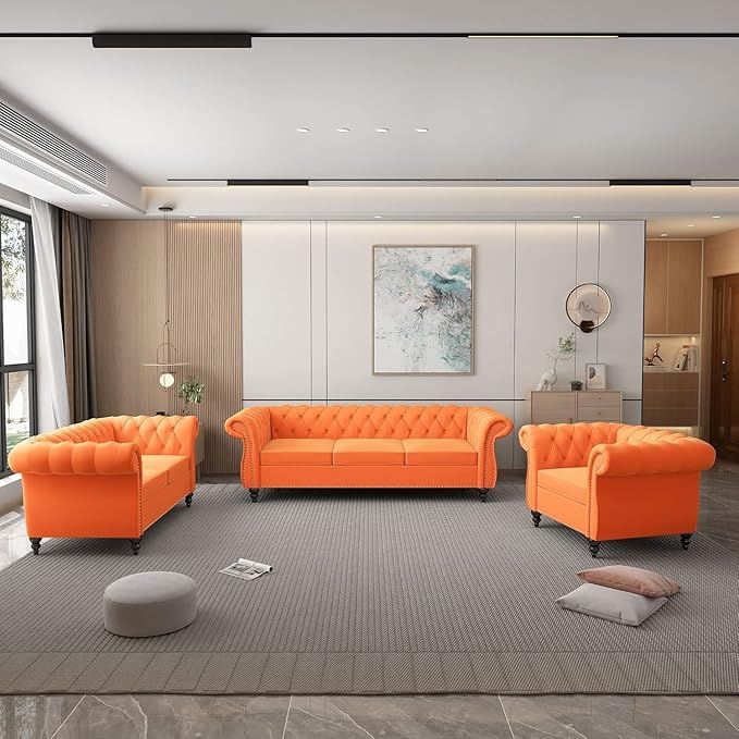 AVZEAR Living Room Accent Chair Upholstered Sofa Chair Single Sofa Chair with Tufted Back Velvet Chesterfield Sofa Chair for Living Room Apartment Orange