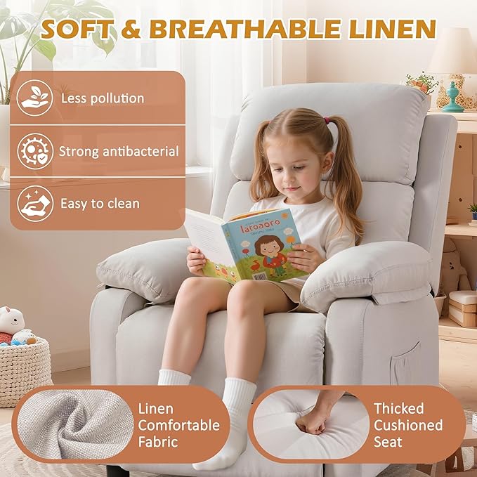 Recliner Chair Living Room Chairs for Adults Padded Deep Seat Reading Chair with Side Pockets Small Recliners for Small Spaces Lounge Chair for Living Room Bedroom and RV (Linen)