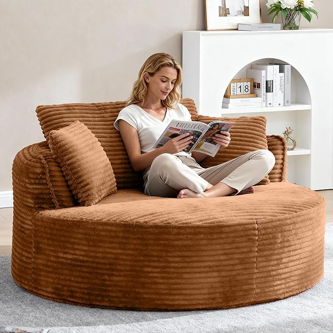 Oversized Round Chair Lounge Chaise Indoor 53.5 Corduroy Boneless Round Chair Fluffy Single Deep Seat Cloud Sofa Chairs Modern Circle Chaise Lounge for Bedroom Living Room Orange
