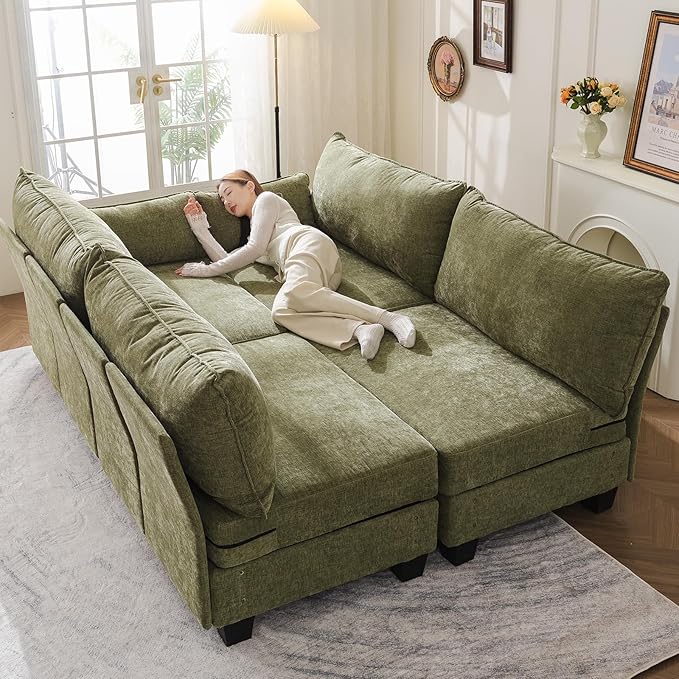 176'' Modular Sectional Sofa with All Seats StorageSleeper Sofa Bed with Throw PillowLoveseat Couches for Living RoomBedroomRemovable CoverChenilleGreen