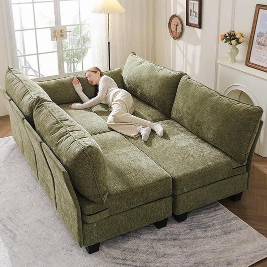 176'' Modular Sectional Sofa with All Seats StorageSleeper Sofa Bed with Throw PillowLoveseat Couches for Living RoomBedroomRemovable CoverChenilleGreen