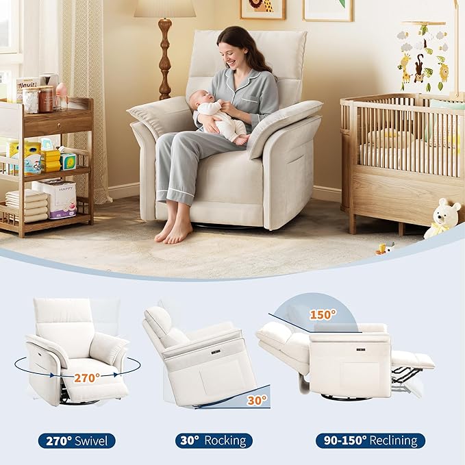 GarveeHome Power Recliner Chair 270 °Swivel Rocking Glider with USB Charging Port Chenille Upholstered Fabric and Double-Layer Armrests Nursery Chair for Living Room Nursery (Off White)