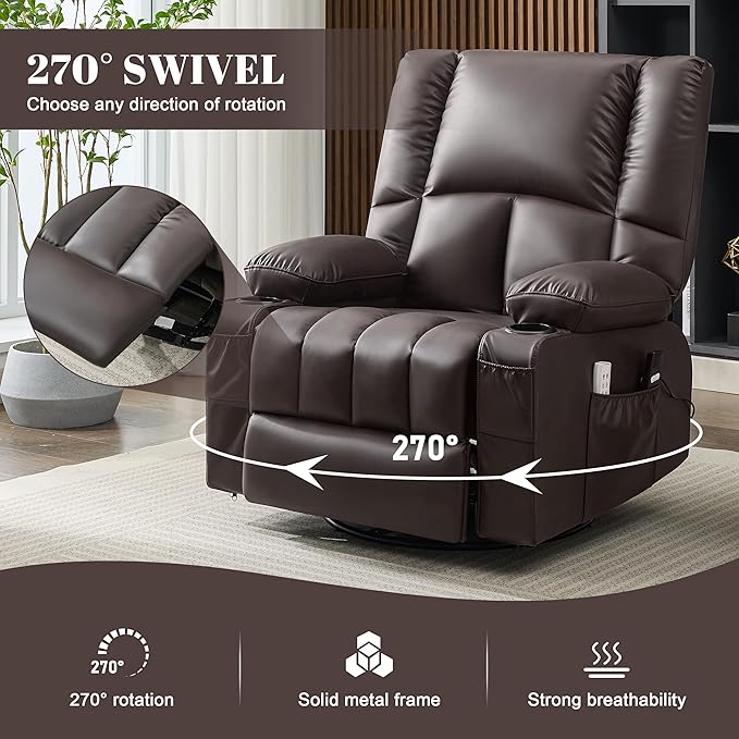 Oversized Recliner Chairs for Adults 270° Swivel Rocker Recliner with Heat and Massage Lazy Boy ReclinerRecliner Chairs Single Sofa Seat with Cup Holders (DarkbrownElectric)