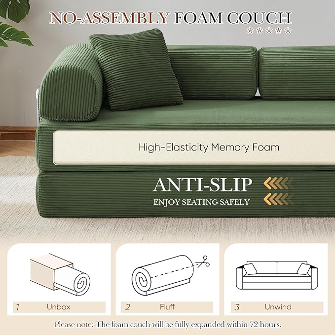 Antetek Modular Couch Bed Convertible Folding Plush Corduroy Comfy Floor Compression Loveseat Sleeper Sofa Couch King Size Bed for Guest Room Living Room Bedroom No Assembly Required Leaf Green