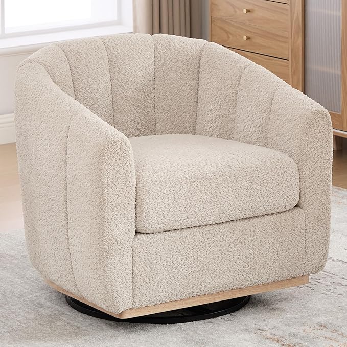 Aoiy &amp Wifon 32.33 W Swivel Accent Barrel Chair Round Living Room Swivel Chair Boucle Wheat