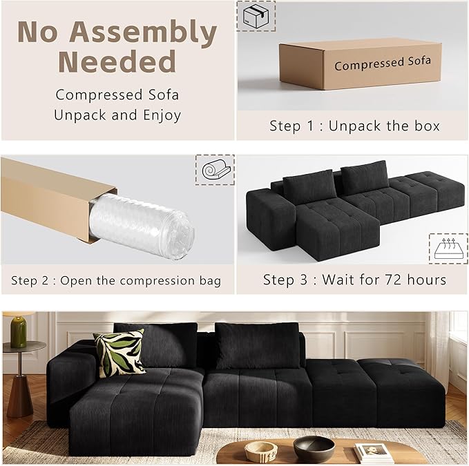 wanan 141 Boneless Couch for Living Room Oversize Cloud Sectional Sofa with Deep Seat L Shaped Modern Cloud Sleeper Sofa Bed with Chaise Black