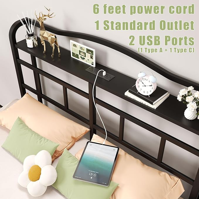 18 Inch Metal Bed Frame - Twin Size Black Heavy Duty Bedframe Platform Basic Mattress Foundation with Headboard &amp Charging Station No Box Spring Needed/Easy Assembly/Noise-Free