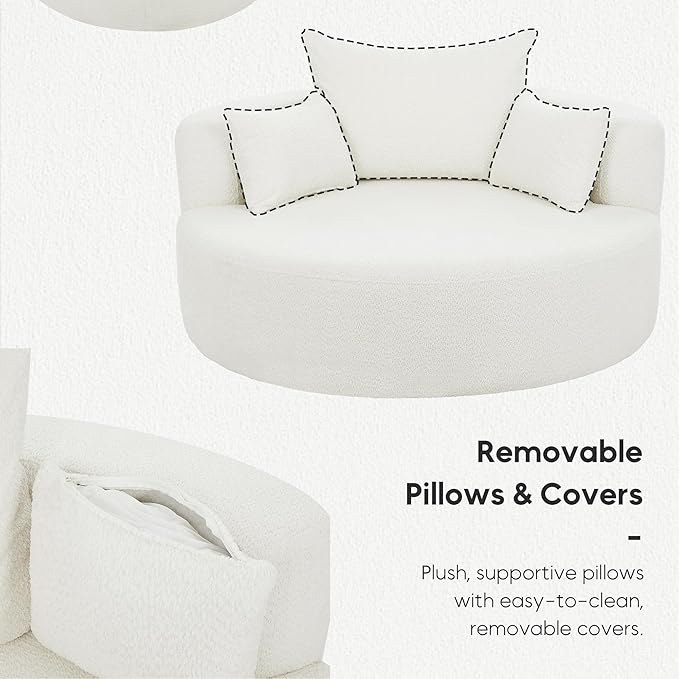 Oversized 360° Swivel Barrel Chair for Living Room Modern Comfy 56.3'' Round Boucle Reading Accent Chair with Extra Wide &amp Deep Seat Overstuffed Cushions Easy Assembly Cream White