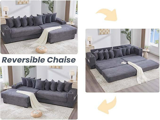 Oversized L-Shaped Modular Sectional Sofa Couch with 8 Pillows Convertible Corduroy Sleeper Sofa Bed with Cupholders &amp Storage Pockets Cloud Couch with Movable Ottoman for Living Room Dark Grey