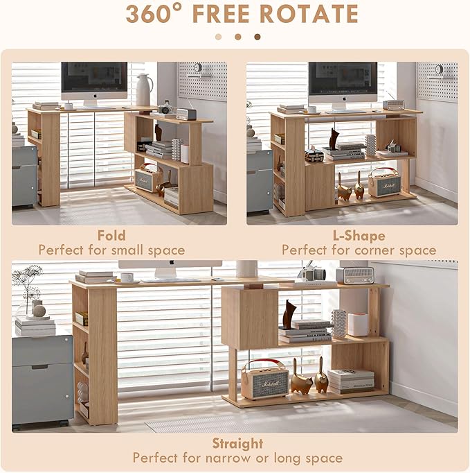 L Shaped Corner Desk 360 Degree Rotating Home Office Desk with Storage Shelves Writing Table Workstation Maple