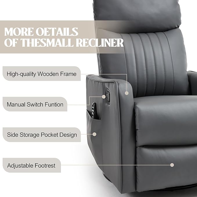PELUMY 360 Swivel Rocking Recliner Chair for Adults Nursery Rocking Chair with Heat and Massage Glider Reclining Chair for Small Space Living Room Bedroom (Breathable Leather Grey)