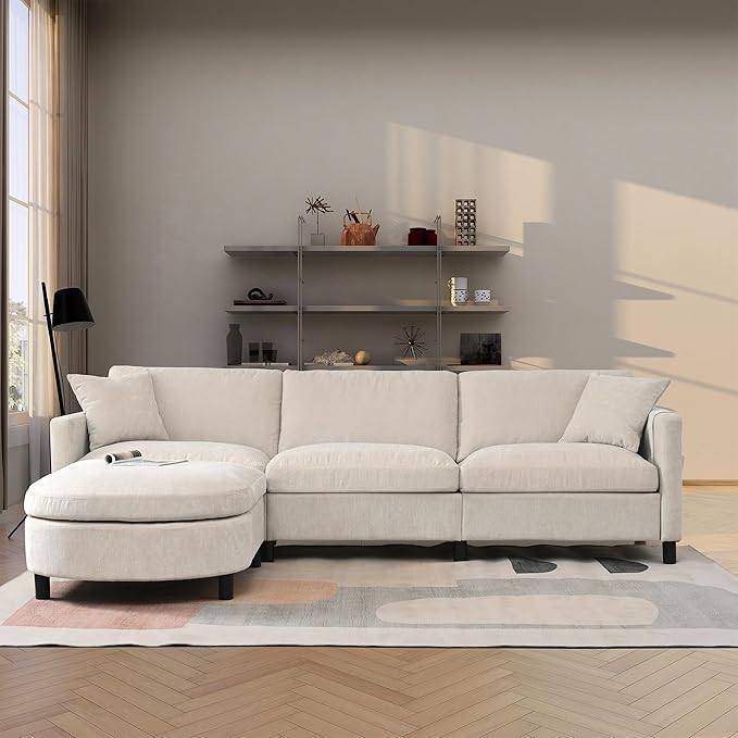 kevinplus 107.87'' Sectional Sofa Couch with Curved Convertible Ottoman for Living Room Modern 3-Seat L-Shaped Upholstered Sectional Couch Sofa for Apartment Polyester Fabric Beige