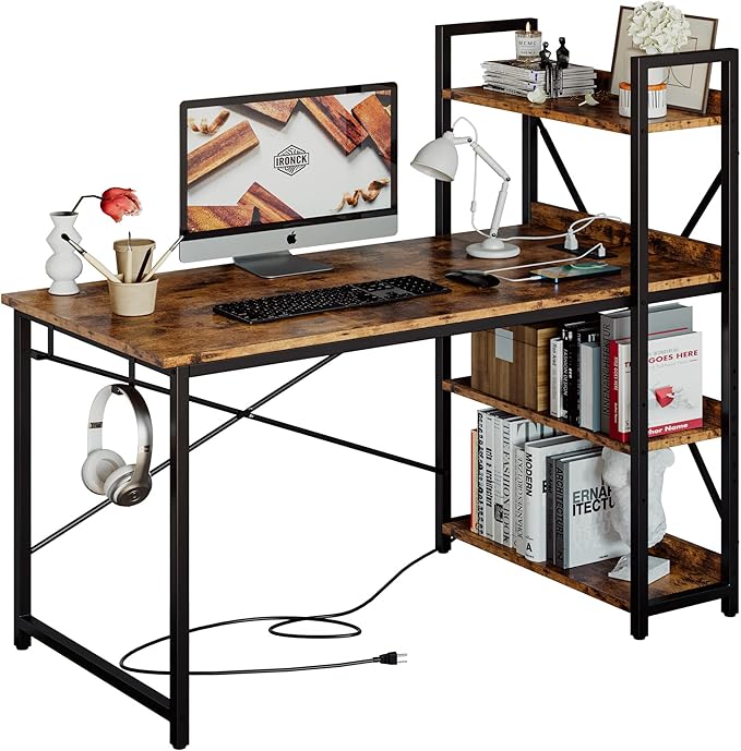 IRONCK Computer Desk 47 with Power Outlet and Storage Shelves Study Writing Table with USB Ports Charging Station PC Desk Workstation for Home Office Rustic Brown