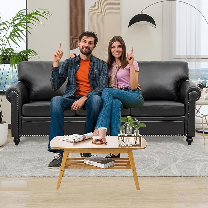 84'' Black Faux Leather 3-Seater Office Couch with Rivet Rolled Arms Modern Mid-Century Sofa for Living Room Apartment and Office. Easy Assembly (Black PU One Sofa)