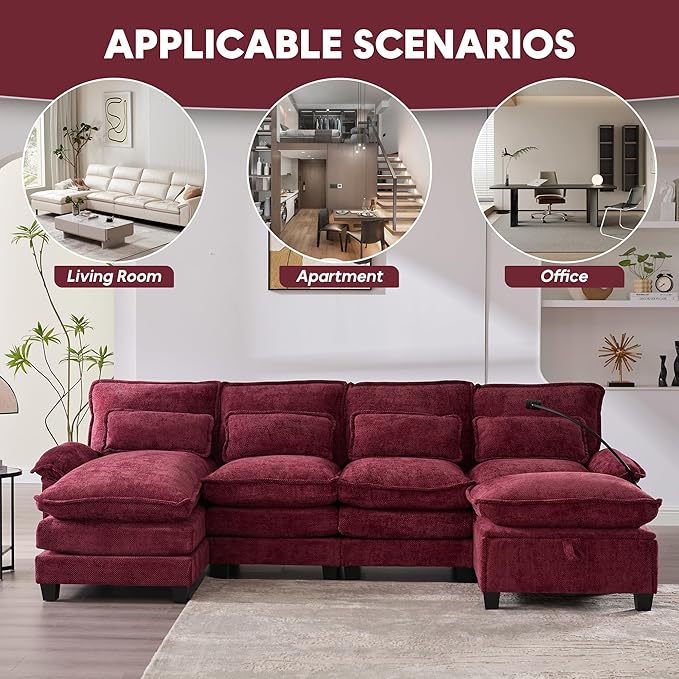 U Shaped Modern Sofa Modular Sectional Cloud Couch with Storage Ottoman Upholstery Chenille Deep Seat Sofa with Charging Port for Living Room Reversible Chaise Lounge Wine Red