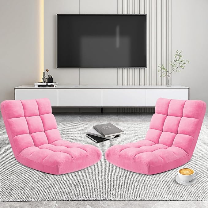 Folding Floor Gaming Chair 14-Poistion Adjustable Floor Lazy Sofa Chair 2 Pack w/Breathable Cotton &amp Skin-Friendly Coral Velve for Adults &amp Kids Perfect for Reading Gaming Meditating Pink