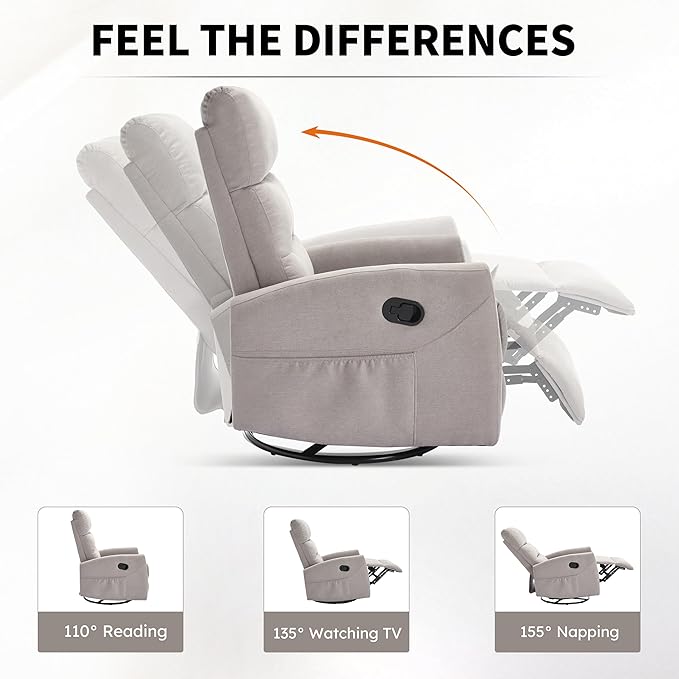 360° Swivel Rocking Chair for Nursery Manual Glider Chair Nursing Chair with Side Pockets Polyester Glider for Living Room Heavy Duty Motion Mechanism Light Gray