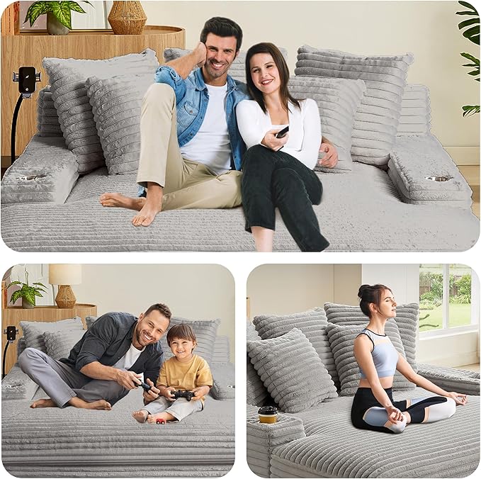 65.35 Oversized Chaise Lounge Chair for 2 Upholstered Sleeper Sofa Bed with Cup Holders | Charging Station | Removable Backrest | Backrest Pilow Fluffy Chair Sofa Couch for Living Room