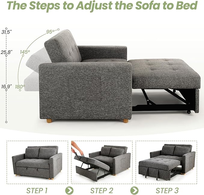 SEJOV Sleeper Sofa Bed 3-in-1 Convertible Sofa Chair Linen Fabric Pull Out Couch Bed Loveseat Sleeper with Spring Support Adjustable Backrest 2 Seater Recliner Chair for Small Space Dark Grey