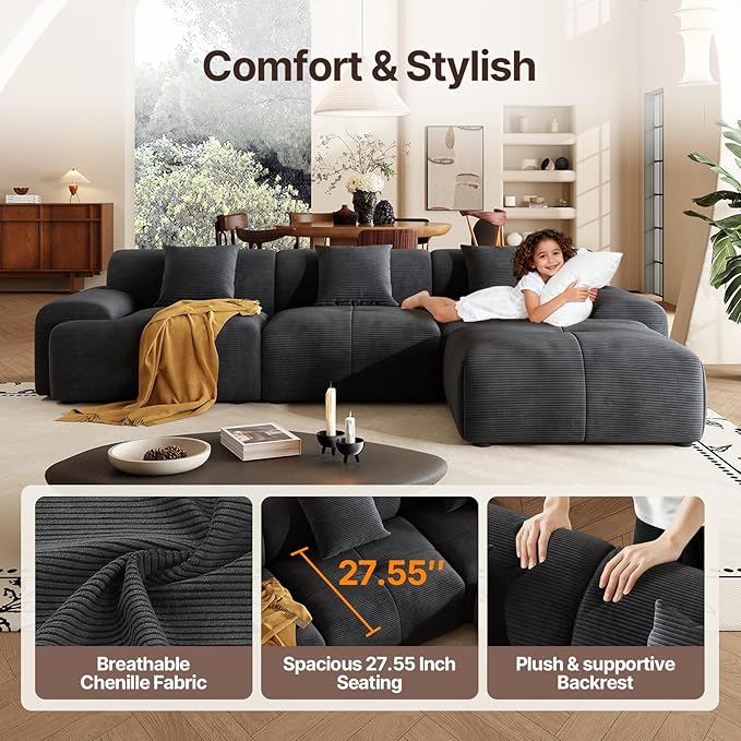 113 Modern L-Shaped Modular Sectional Sofa for Living Room Corduroy Upholstery Gray 3-Seater Cloud Couchand Movable Ottoman – No Assembly Dark Gray