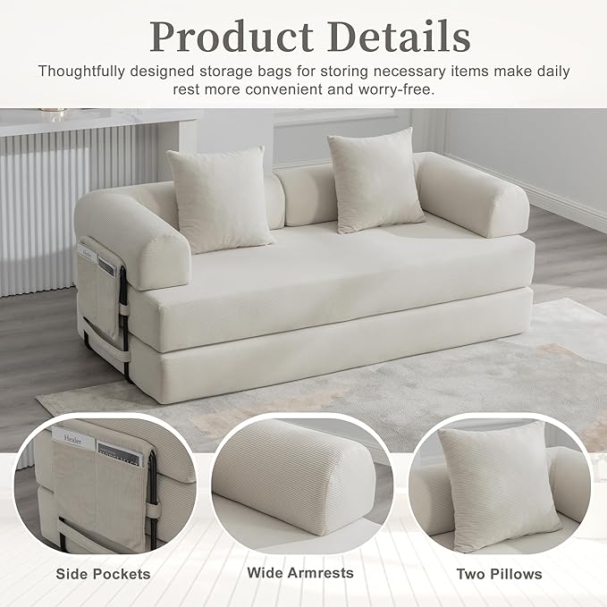 4‑in‑1 Convertible Sleeper Sofa Bed DIY Combination Floor Sofa Lounge Couch with Cylindrical Pillow Corduroy Futon Folding Mattress Couch for Apartment Bedroom Playroom Beige
