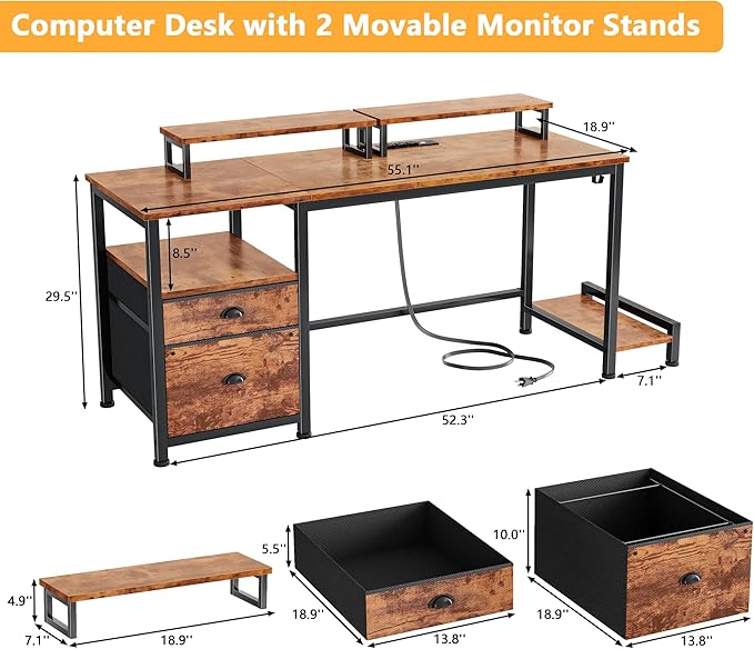 Furologee 55 Computer Desk with File Cabinet and Power Outlets Home Office Desk with 2 Movable Monitor Stands and Storage Drawer Writing Table with Shelves and 2 Hooks for Bedroom Rustic Brown