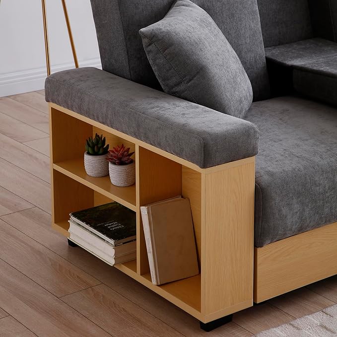 KEIKI Multi-Functional Sofa Sleeper with Storage Ottoman and Two Pull Out Drawer Fold Out Couch Bed with Side Storage Rack and Drop Down Table with 2 Cup Holders