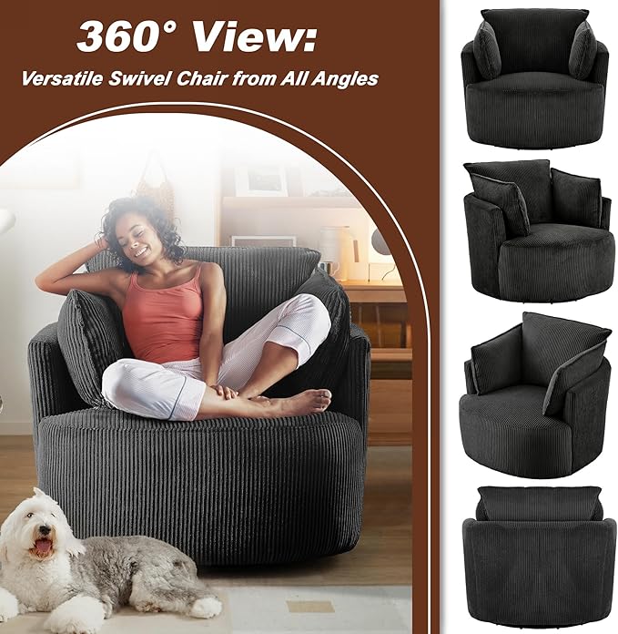 Swivel Accent Chair Comfy Reading Chairs for Bedroom Modern Corduroy Armchair 360°Swivel Barrel Chairs for Living RoomApartment (Black Chair Without Ottoman)