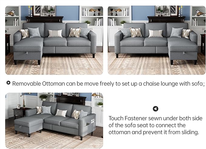 Sectional Sofas Couches for Living Room Convertible L Shaped Couch | Sofa with Ottoman Washable Sofa Covers 78 Small Couch Grey Linen Fabric 3 Seat Storage Couch