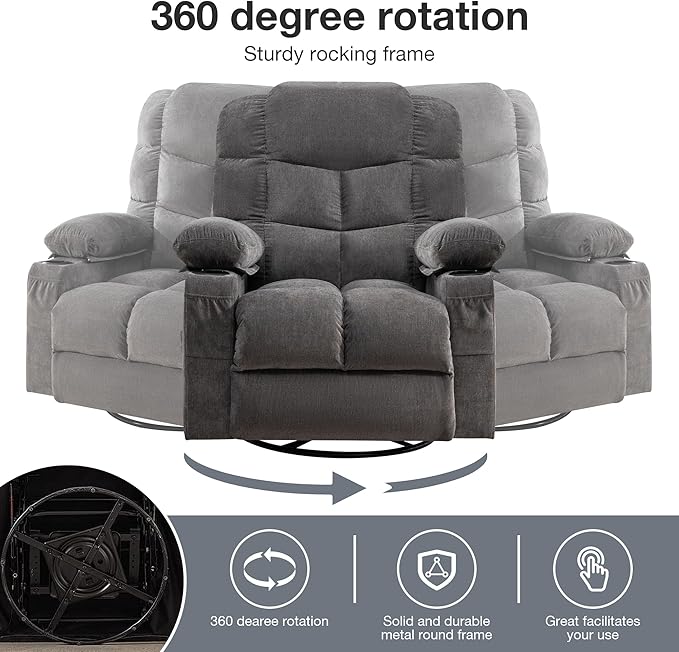 Oversized Massage Swivel Recliner Chair with Lumbar Heating for Living Room Rocker Recliner Single Sofa with Cup Holders and USB Charge Port Large Big Chair Recliners for Adult