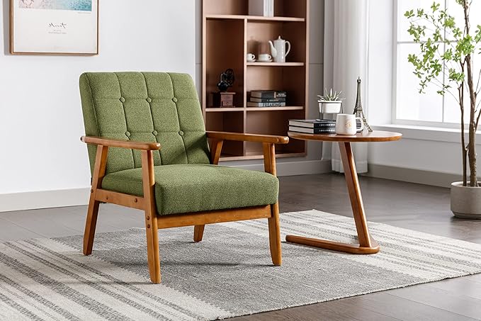 Leisure Chair with Solid Wood Armrest and Feet Mid Century Modern Accent Chair for Living Room Bedroom Studio Chair