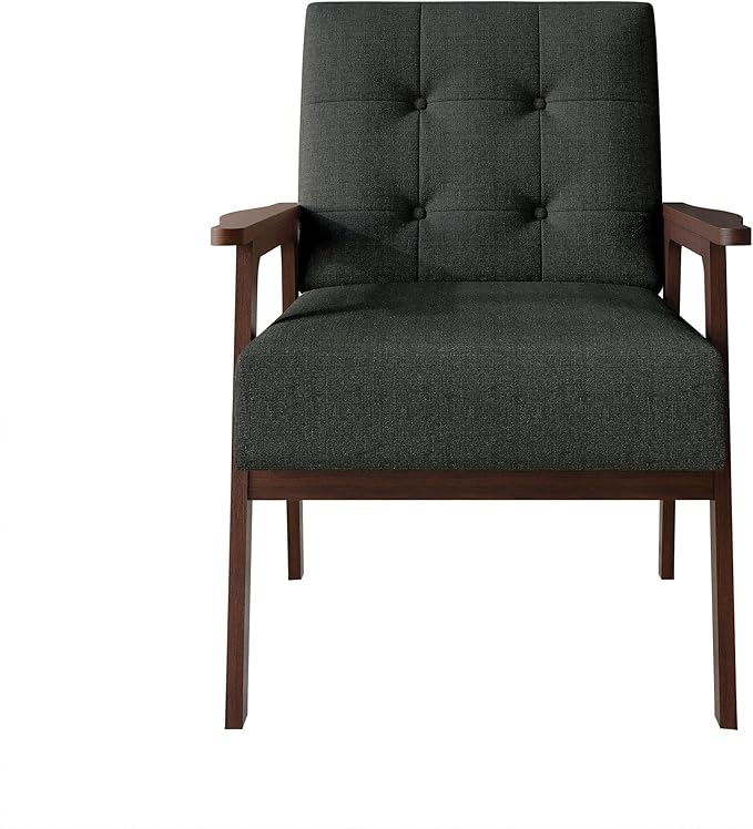 Accent Chair with Button-Tufted Linen Upholstery Wooden Armrests Cushioned Seat Easy Assembly Charcoal Grey