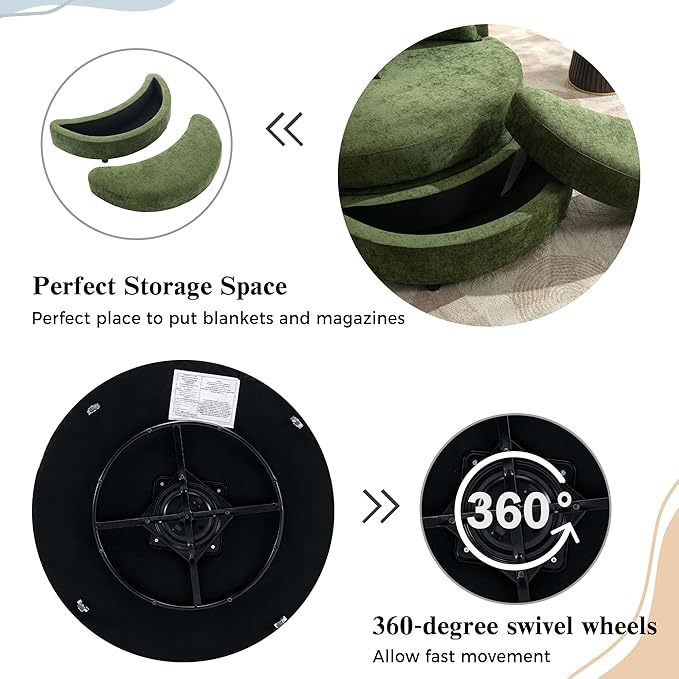 ERYE Oversized Round Accent Barrel Chair with Storage Ottoman and 360 Swivel Base Modern Chenille Upholstered Leisure Recliner Armchair for Living Room Bedroom