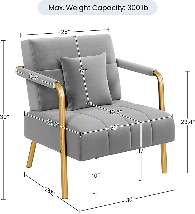 Yaheetech 30 W Accent Chair Velvet Oversized Armchair Living Room Chair with Golden Frame &amp Cozy Pillow for Living Room Bedroom Office Light Gray
