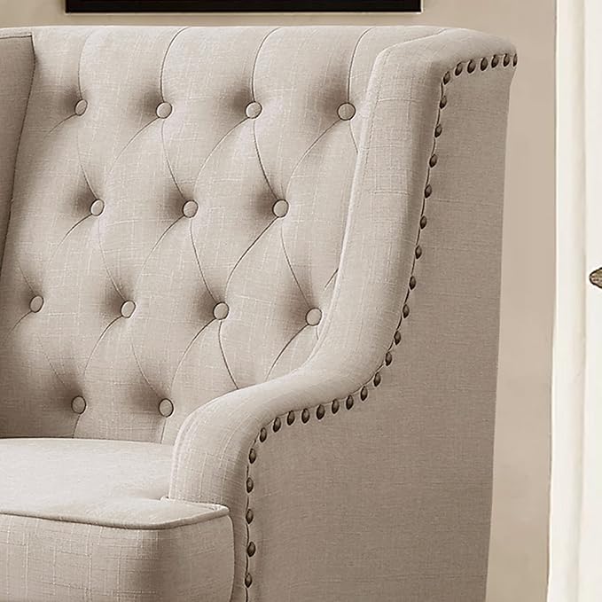 Rosevera Emmie Accent Chairs Upholstered ArmchairLinen Fabric Comfy Reading Seat Lounge for Living Room Bedroom ApartmentEasy Assembly Natural