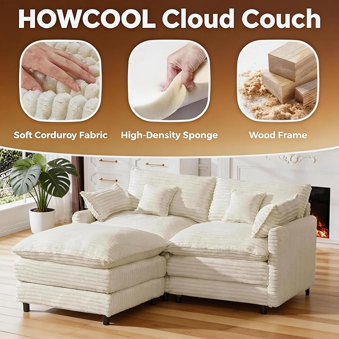 74 Cloud Couch Small Modern Modular Sectional Sofa with Ottoman &amp 4 Throw Pillows L-Shaped 3-Seater Deep Seat Corduroy Sofa Comfy Couch for Living Room Apartment Bedroom Office Beige